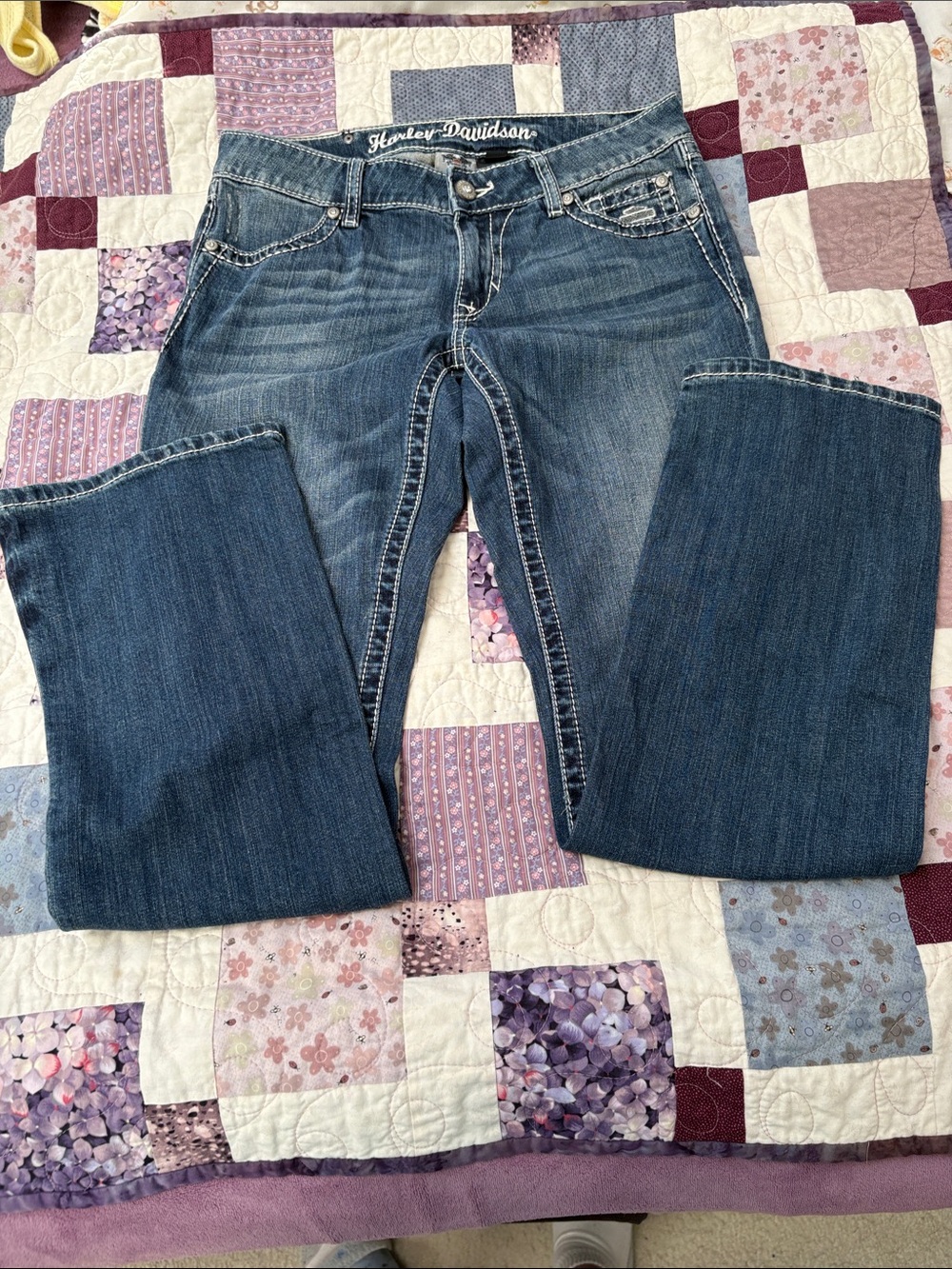 Harley-Davidson Women's Dark Blue Bootcut Jeans with Contrast Stitching